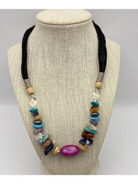 Vibrant Multi Stone Beaded Necklace Black Cord Wood Accents Boho Nature Earthy